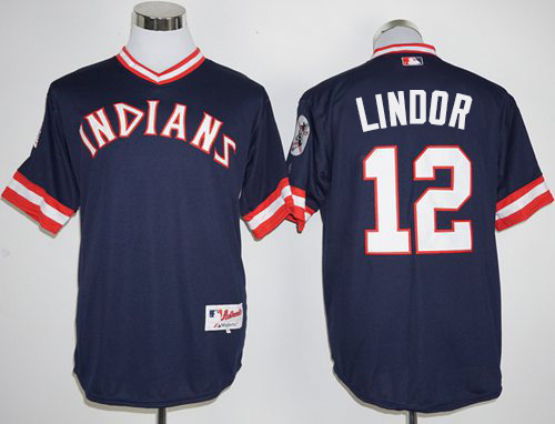 Indians #12 Francisco Lindor Navy Blue 1976 Turn Back The Clock Stitched MLB Jersey - Click Image to Close